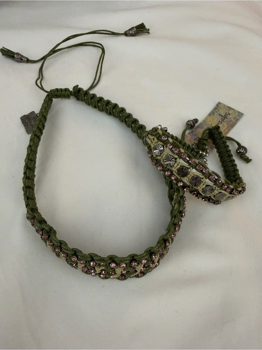 Rose Gonzales- Olive Green Braided Rhinestone Women’s Necklace and Bracelet Set